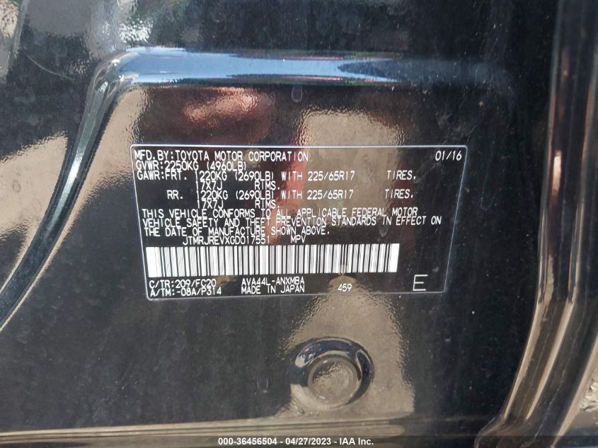 2016 TOYOTA RAV4 HYBRID XLE JTMRJREVXGD017551