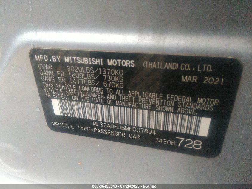 2021 MITSUBISHI MIRAGE ES/LE/CARBONITE EDITION - ML32AUHJ6MH007894