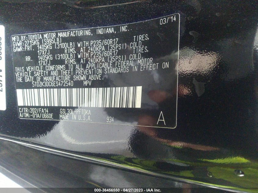 2014 TOYOTA SIENNA L - 5TDZK3DC6ES472540