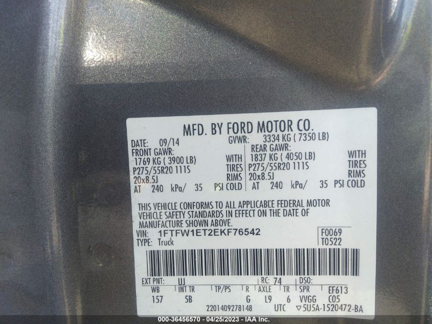 2014 FORD F-150 XL/XLT/FX4/LARIAT - 1FTFW1ET2EKF76542