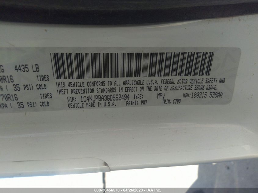2016 JEEP PATRIOT SPORT - 1C4NJPBA3GD562494