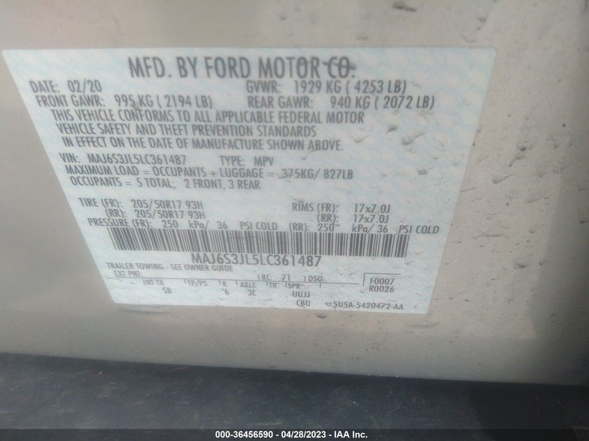 VIN MAJ6S3JL5LC361487 2020 FORD ECOSPORT SES