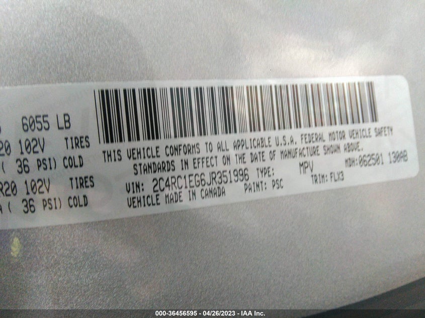 VIN 2C4RC1EG6JR351996 2018 CHRYSLER PACIFICA TOURING L PLUS