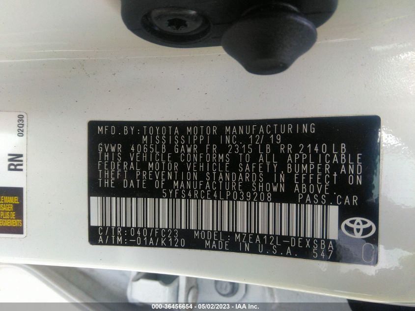 2020 TOYOTA COROLLA SE/NIGHTSHADE - 5YFS4RCE4LP039208
