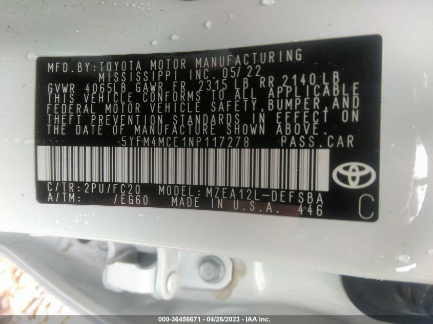 2022 TOYOTA COROLLA SE/APEX SE - 5YFM4MCE1NP117278