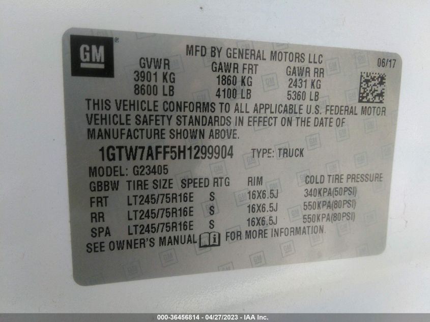 2017 GMC SAVANA CARGO VAN 1GTW7AFF5H1299904