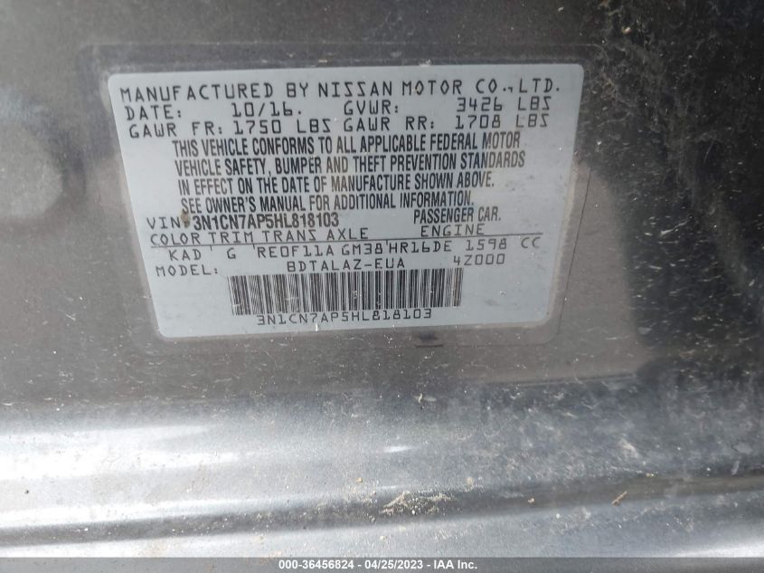 2017 NISSAN VERSA SEDAN S PLUS - 3N1CN7AP5HL818103