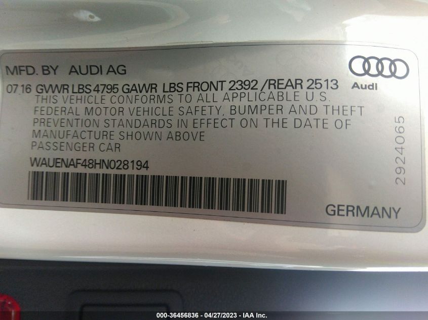 2017 AUDI A4 PREMIUM PLUS - WAUENAF48HN028194