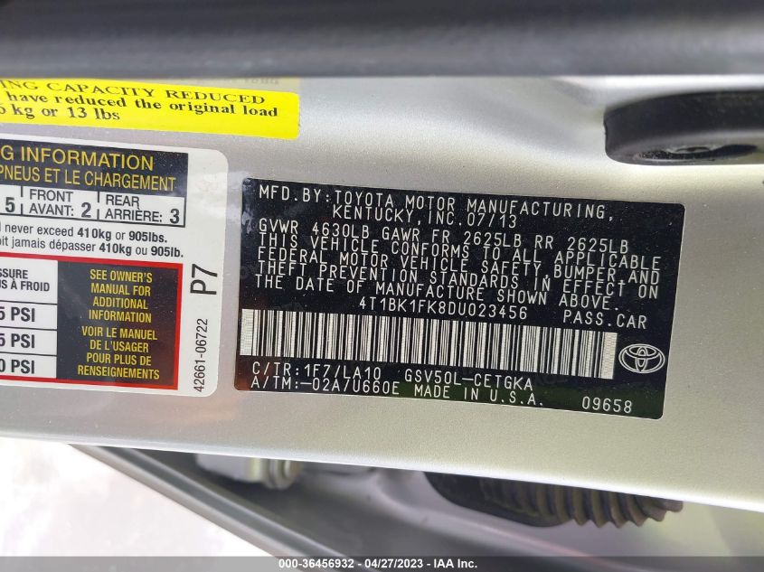 2013 TOYOTA CAMRY XLE - 4T1BK1FK8DU023456