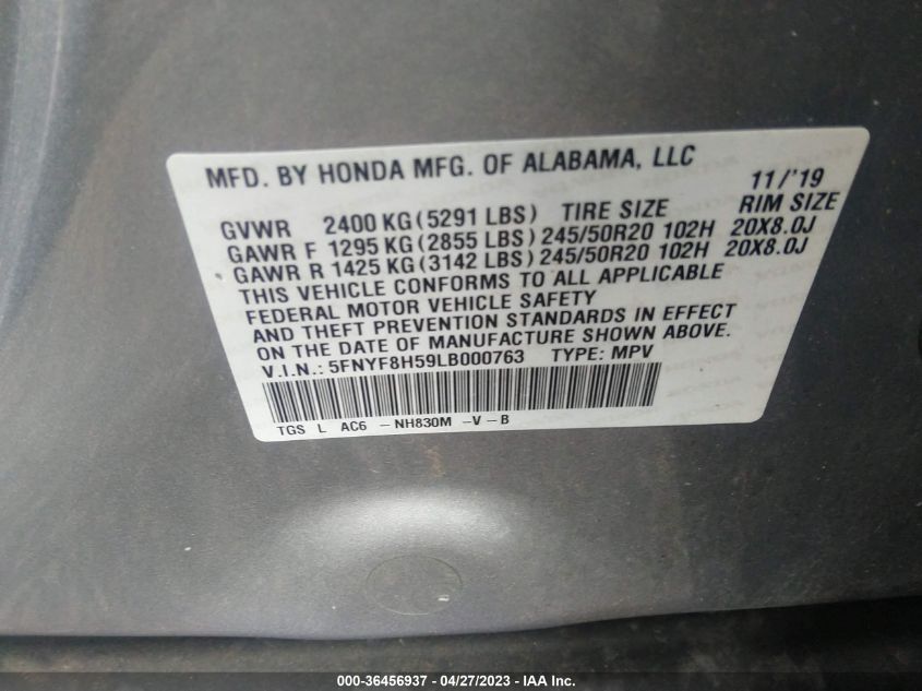 2020 HONDA PASSPORT EX-L 5FNYF8H59LB000763