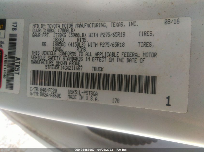 2016 TOYOTA TUNDRA 2WD TRUCK SR5 - 5TFEW5F14GX211687