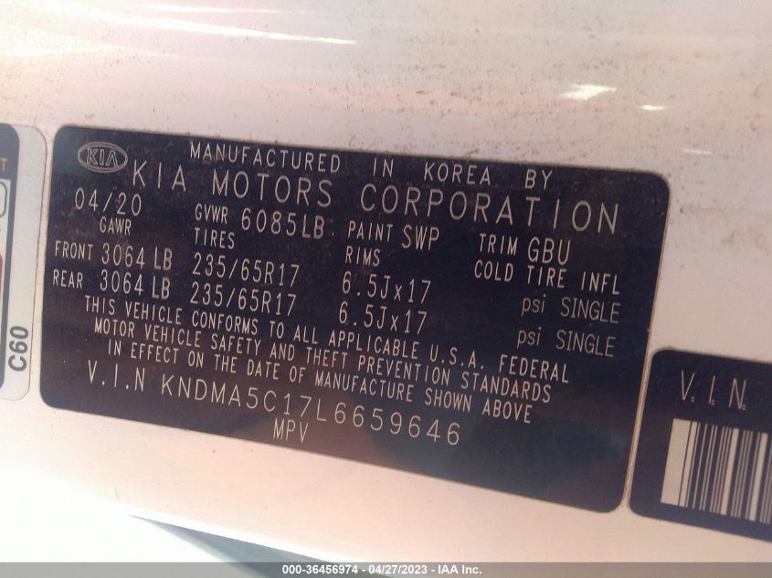 2020 KIA SEDONA L - KNDMA5C17L6659646