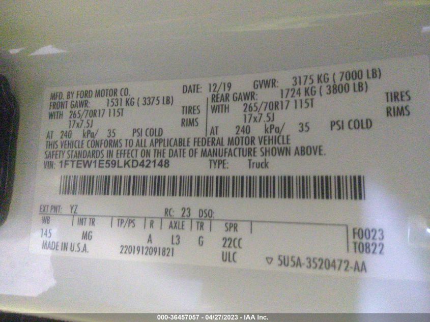 2020 FORD F-150 XL/XLT/LARIAT - 1FTEW1E59LKD42148