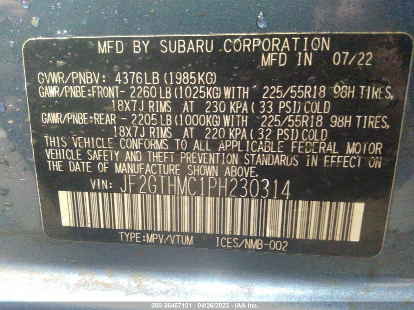2023 SUBARU CROSSTREK LIMITED - JF2GTHMC1PH230314