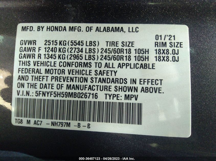 2021 HONDA PILOT EX-L - 5FNYF5H59MB026716