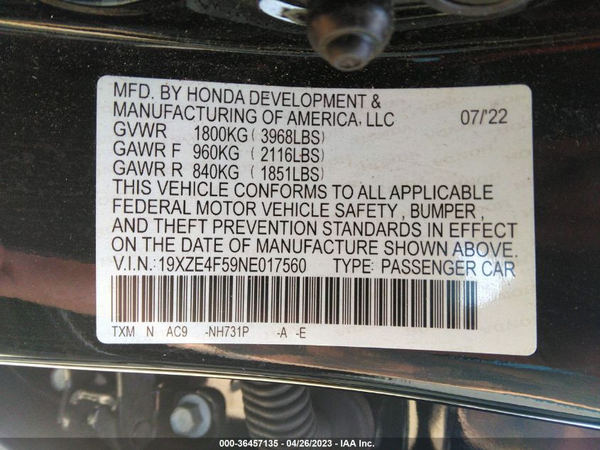 2022 HONDA INSIGHT EX - 19XZE4F59NE017560