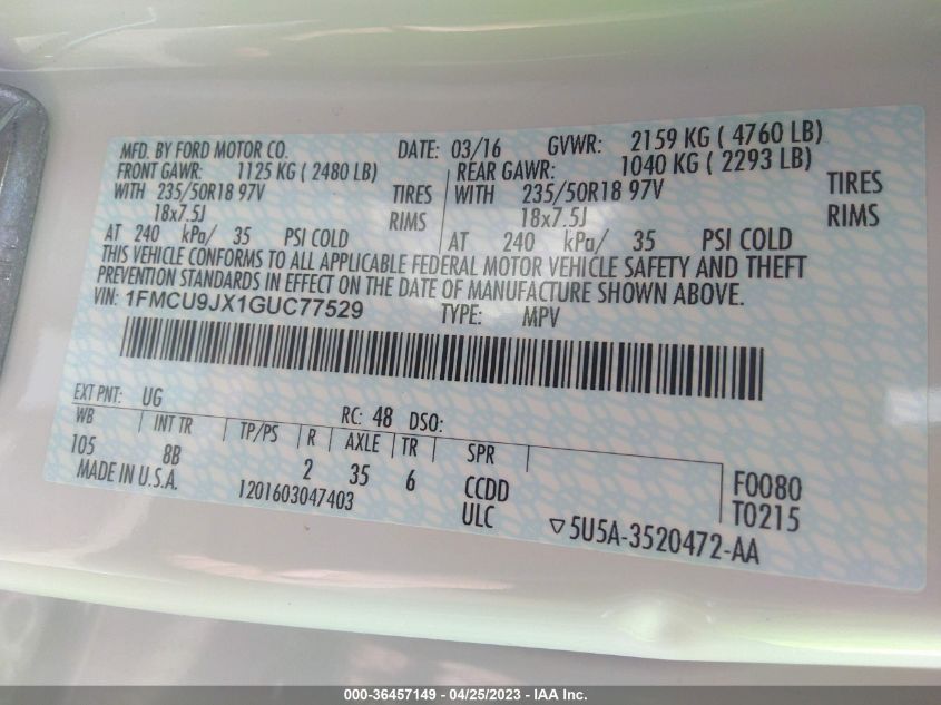 2016 FORD ESCAPE TITANIUM - 1FMCU9JX1GUC77529
