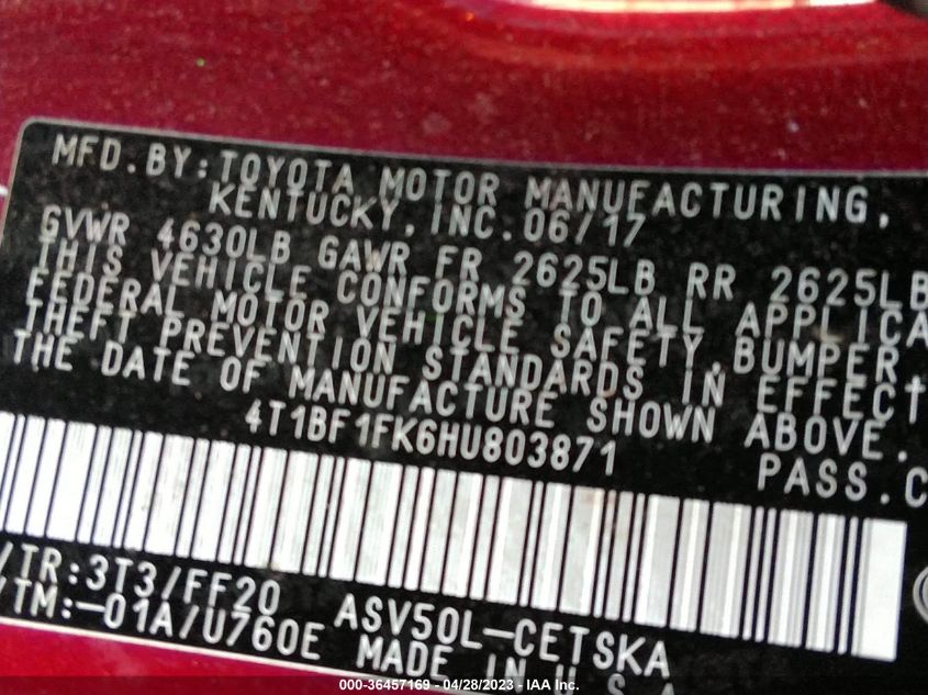 2017 TOYOTA CAMRY XLE/SE/LE/XSE - 4T1BF1FK6HU803871