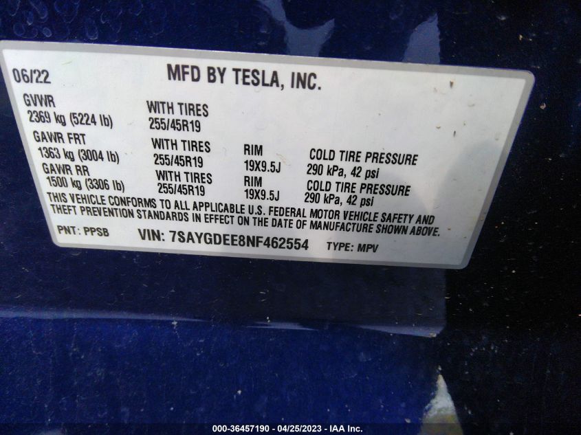 2022 TESLA MODEL Y LONG RANGE - 7SAYGDEE8NF462554