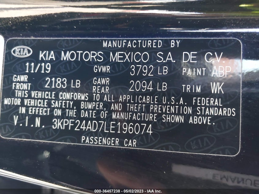 VIN 3KPF24AD7LE196074 2020 KIA FORTE LXS