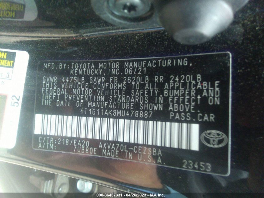2021 TOYOTA CAMRY SE - 4T1G11AK8MU478887