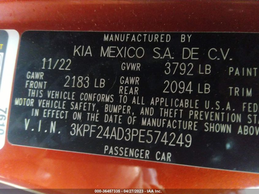 2023 KIA FORTE LXS - 3KPF24AD3PE574249