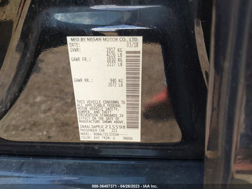 VIN 1N4AL3AP9JC215598 2018 NISSAN ALTIMA 2.5 SL