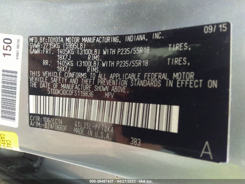 2015 TOYOTA SIENNA LTD/XLE/XLE PREMIUM - 5TDDK3DC0FS119836