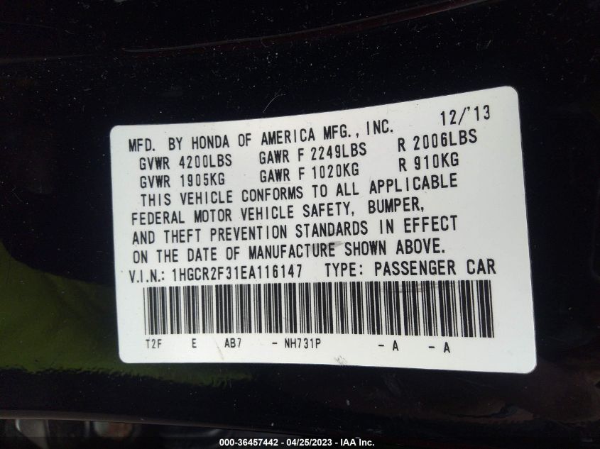2014 HONDA ACCORD SEDAN LX - 1HGCR2F31EA116147