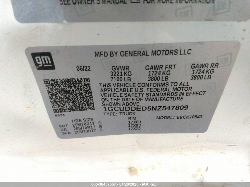 2022 CHEVROLET SILVERADO 1500 LT - 1GCUDDED5NZ547809