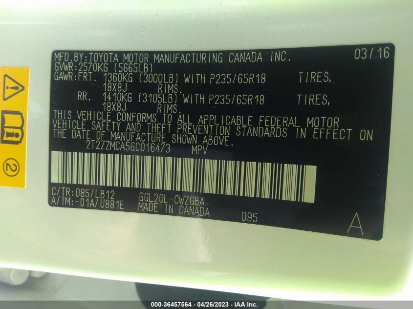 2016 LEXUS RX 350 - 2T2ZZMCA5GC016473