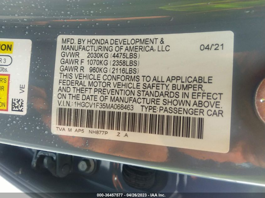 2021 HONDA ACCORD SEDAN SPORT - 1HGCV1F35MA068463