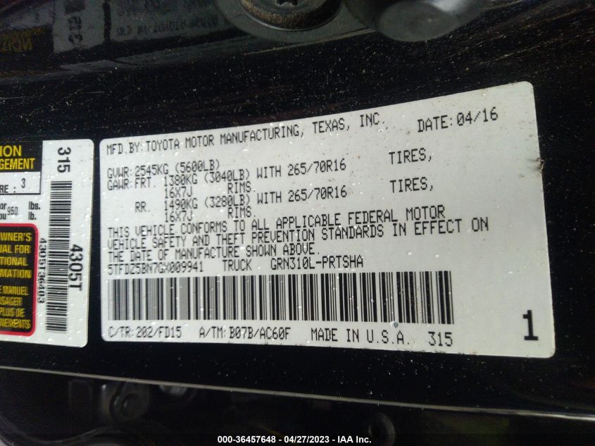 2016 TOYOTA TACOMA SR5 - 5TFDZ5BN7GX009941