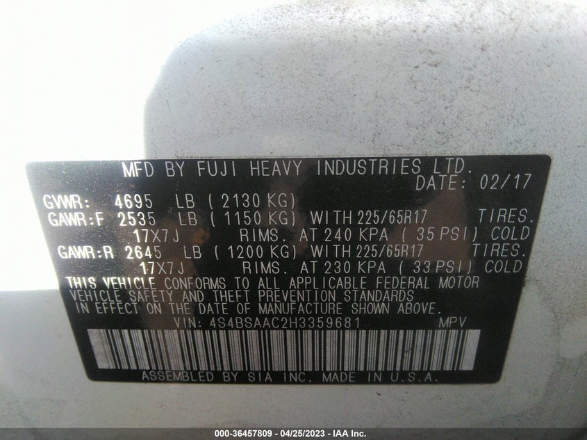 VIN 4S4BSAAC2H3359681 2017 SUBARU OUTBACK