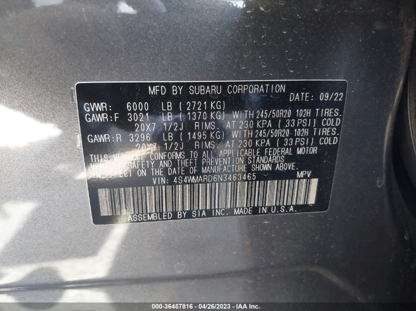 2022 SUBARU ASCENT TOURING - 4S4WMARD6N3463465