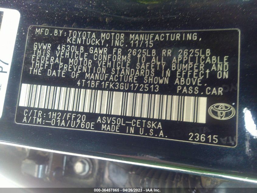 2016 TOYOTA CAMRY XLE/SE/LE/XSE - 4T1BF1FK3GU172513