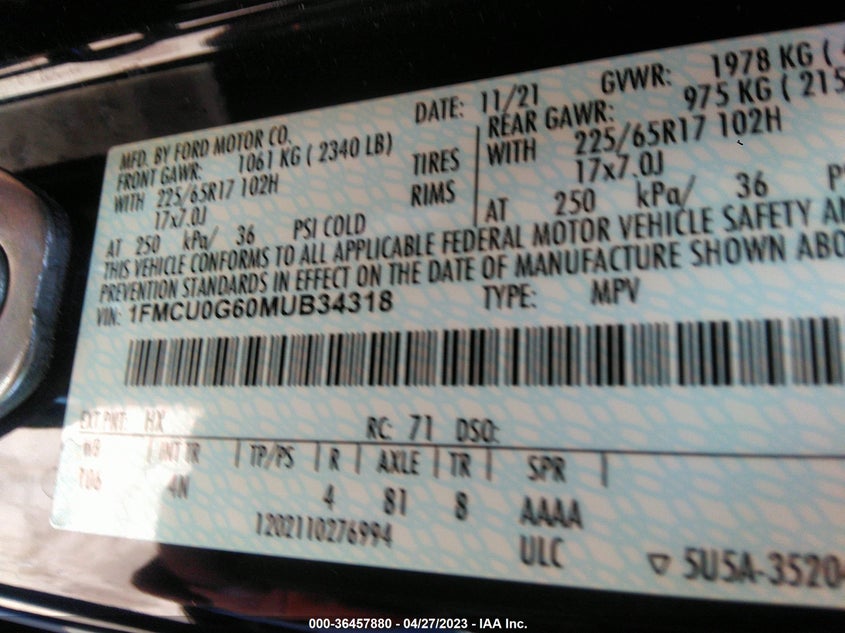 VIN 1FMCU0G60MUB34318 2021 FORD ESCAPE SE