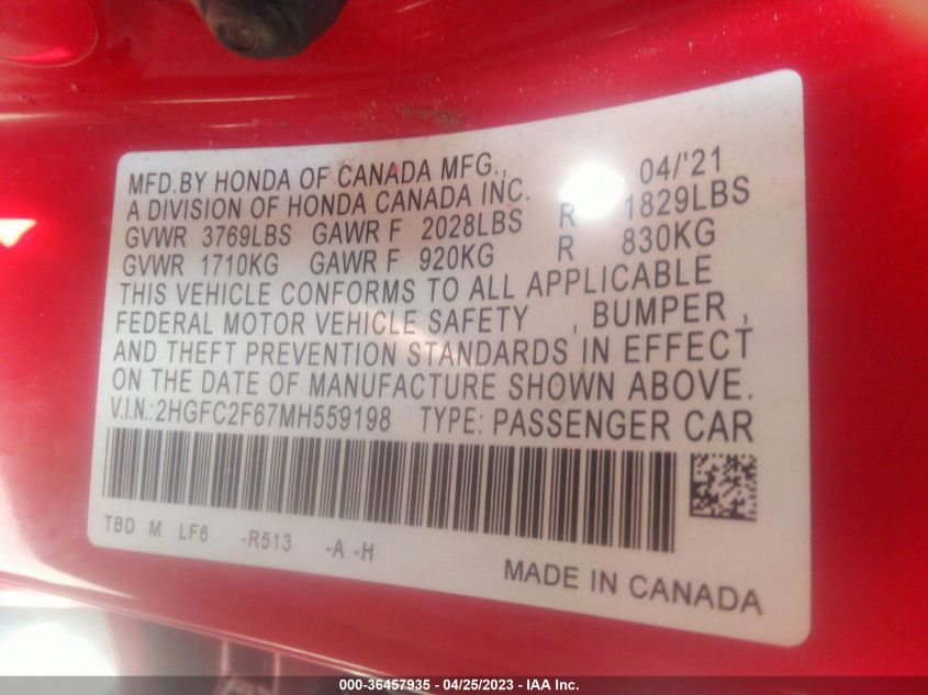 2021 HONDA CIVIC SEDAN LX - 2HGFC2F67MH559198
