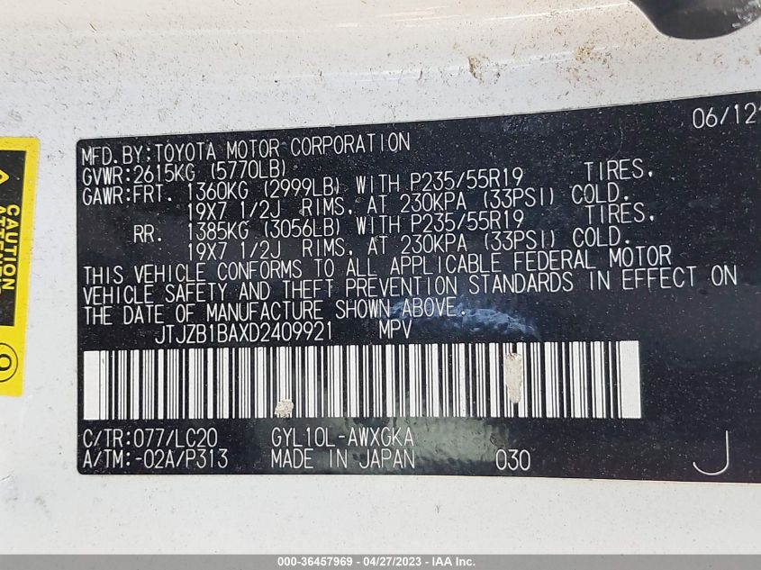 2013 LEXUS RX 450H JTJZB1BAXD2409921