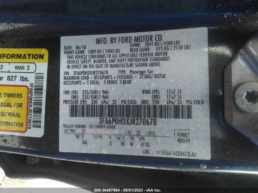 2018 FORD FUSION SE - 3FA6P0HDXJR270678