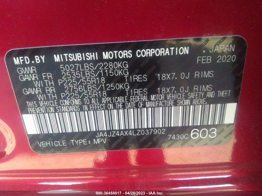 VIN JA4JZ4AX4LZ037902 2020 MITSUBISHI OUTLANDER GT