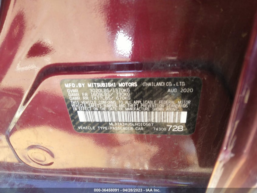 VIN ML32A3HJ5LH010567 2020 MITSUBISHI MIRAGE ES/SE