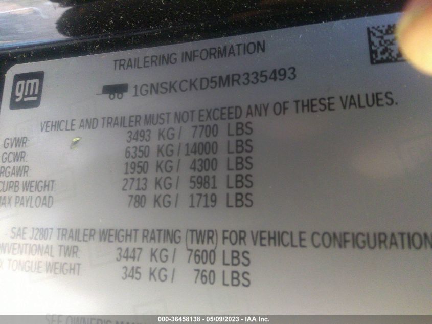 2021 CHEVROLET SUBURBAN LT - 1GNSKCKD5MR335493