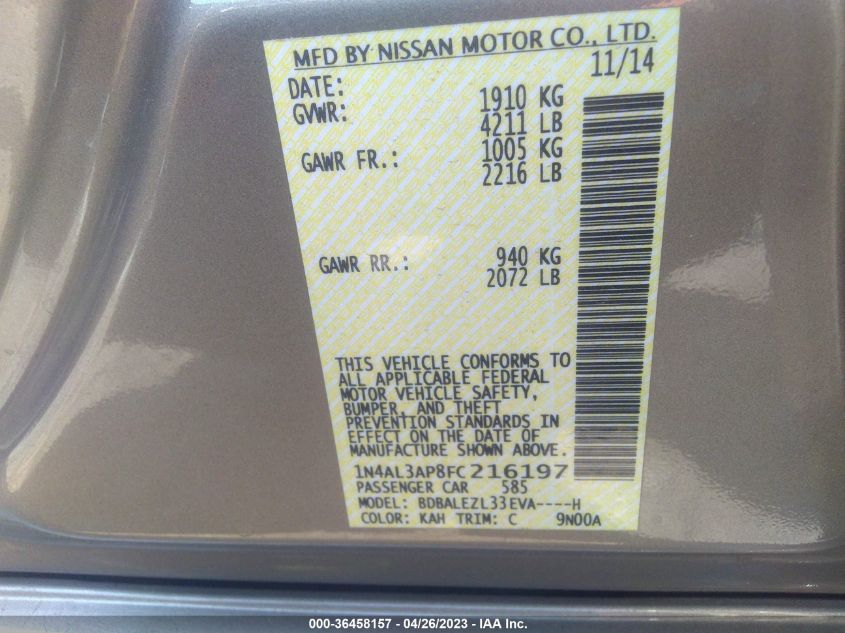 2015 NISSAN ALTIMA 2.5 S - 1N4AL3AP8FC216197