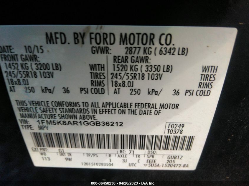 2016 FORD UTILITY POLICE 1FM5K8AR1GGB36212
