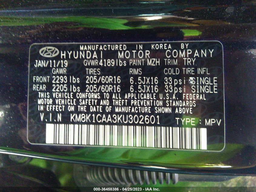 2019 HYUNDAI KONA SE - KM8K1CAA3KU302601