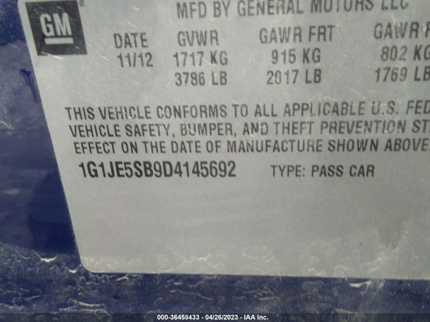 2013 CHEVROLET SONIC LTZ - 1G1JE5SB9D4145692