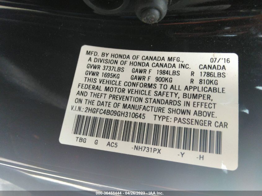 2016 HONDA CIVIC COUPE LX-P - 2HGFC4B09GH310645