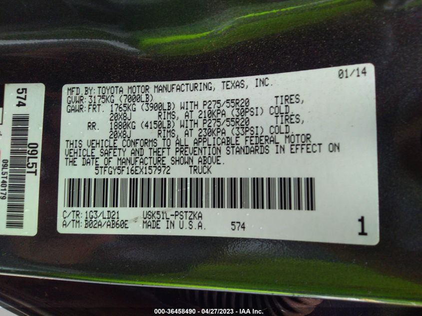 2014 TOYOTA TUNDRA 2WD TRUCK 1794/PLATINUM - 5TFGY5F16EX157972