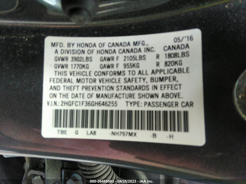 2016 HONDA CIVIC SEDAN EX-T - 2HGFC1F36GH646255